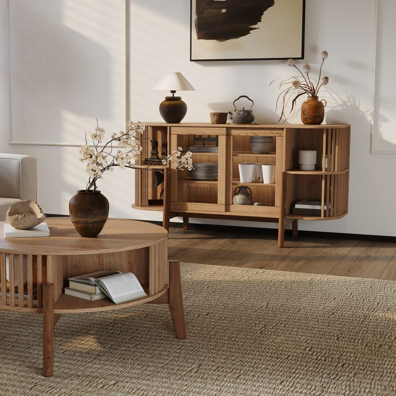 LuxenHome 2-Door and Open Storage 59-Inch Wide Sideboard Server Cabinet with Rubberwood Legs