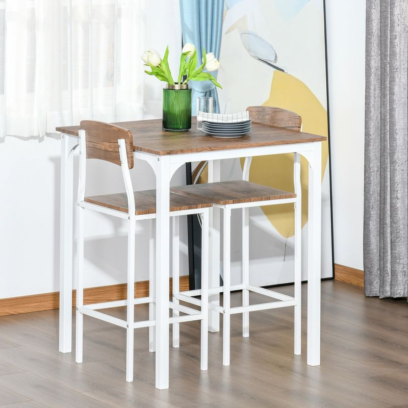 HOMCOM 3 Piece Bar Table and Chairs Set, Industrial Small Dining Table Set for 2, Square Kitchen Table and Stools, Walnut and White