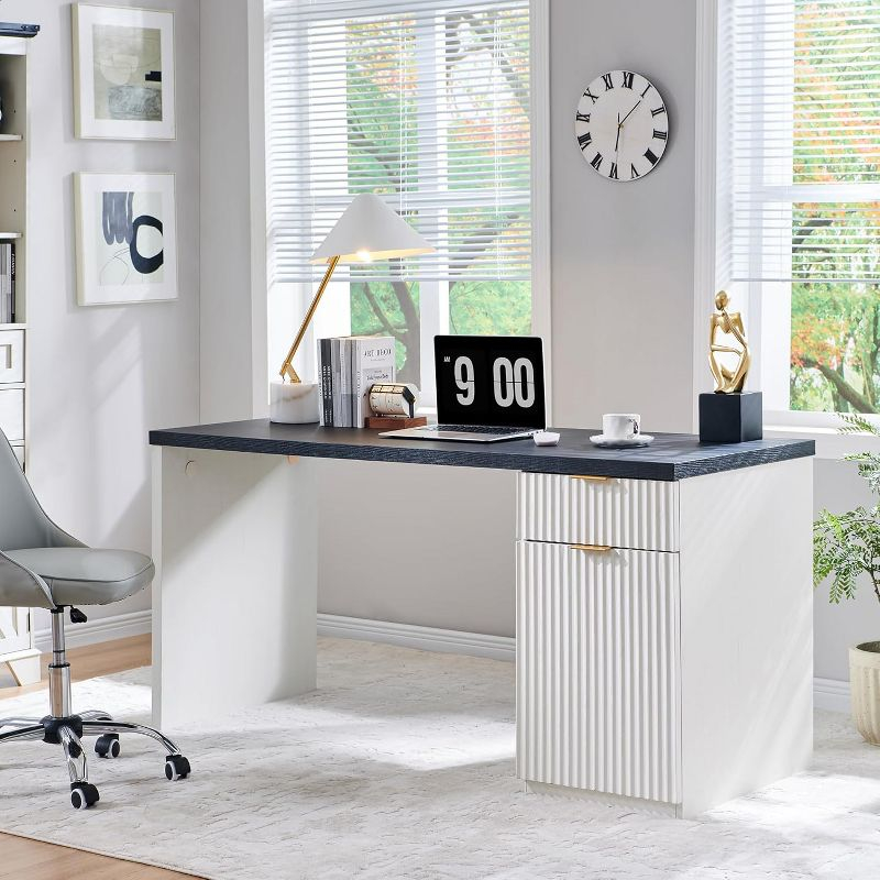 60" Modern Desk with Drawer & Cabinet, Fluted Computer Writing Desk for Living Room, Bedroom, White