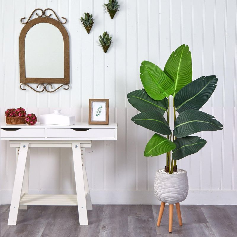 Nearly Natural 5-ft Travelers Palm Artificial Tree in White Planter with Stand