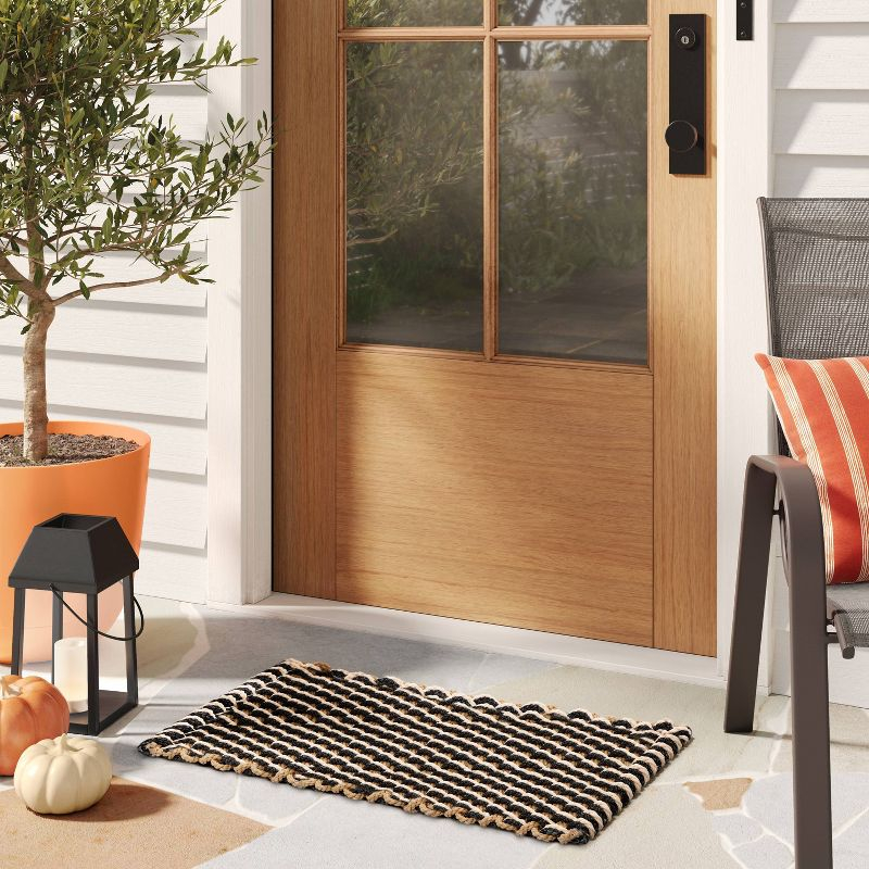 1'6"x2'6" Rope Braided Basket Weave Doormat Black/Brown/Cream - Threshold™: Outdoor Front Door Mat, High Pile