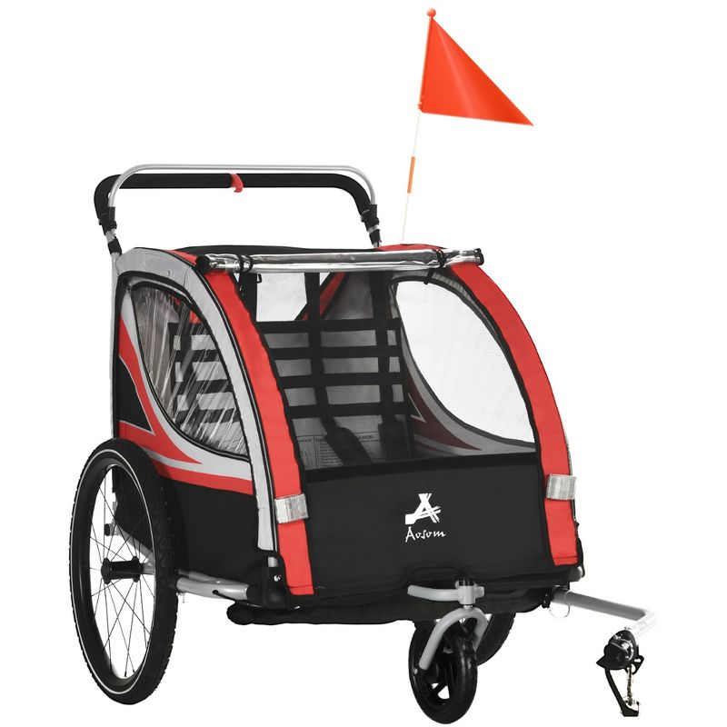 Aosom 3-in-1 Walk/Jog/Ride Child Baby Bike Trailer for Kids 2 Seater, Bike Stroller for Toddler Wagon, Double Bicycle Trailer Accessory for Kids, Red