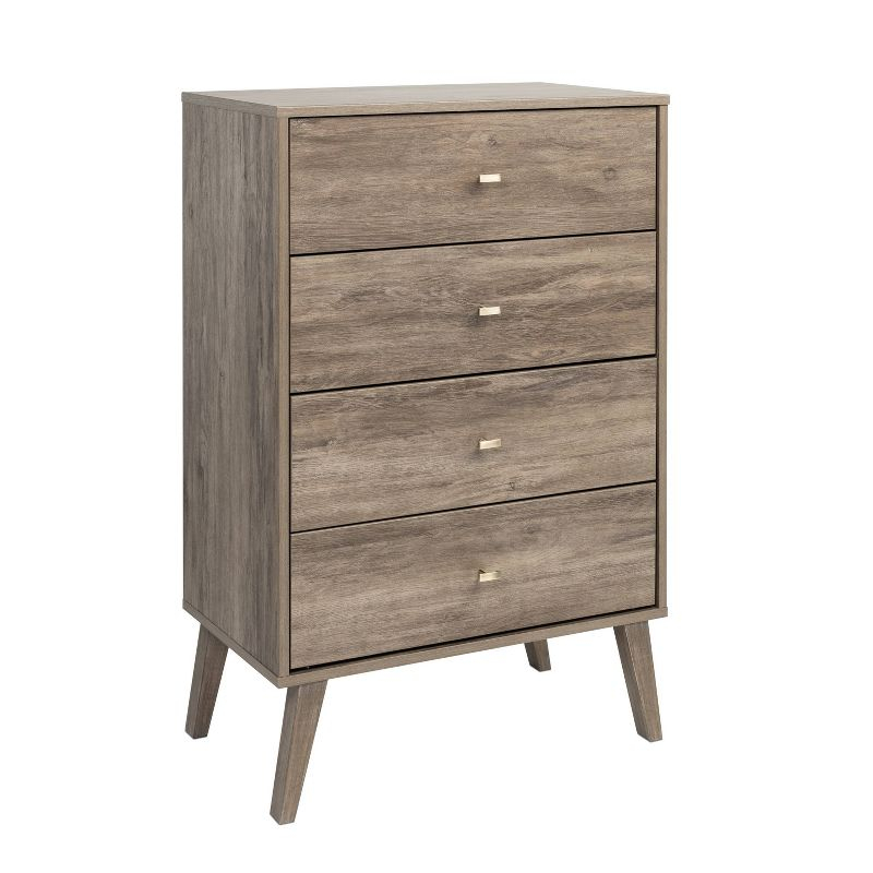 Mid-Century Modern 4 Drawer Chest Drifted Gray - Prepac: Sleek Bedroom Storage, Brass Knobs