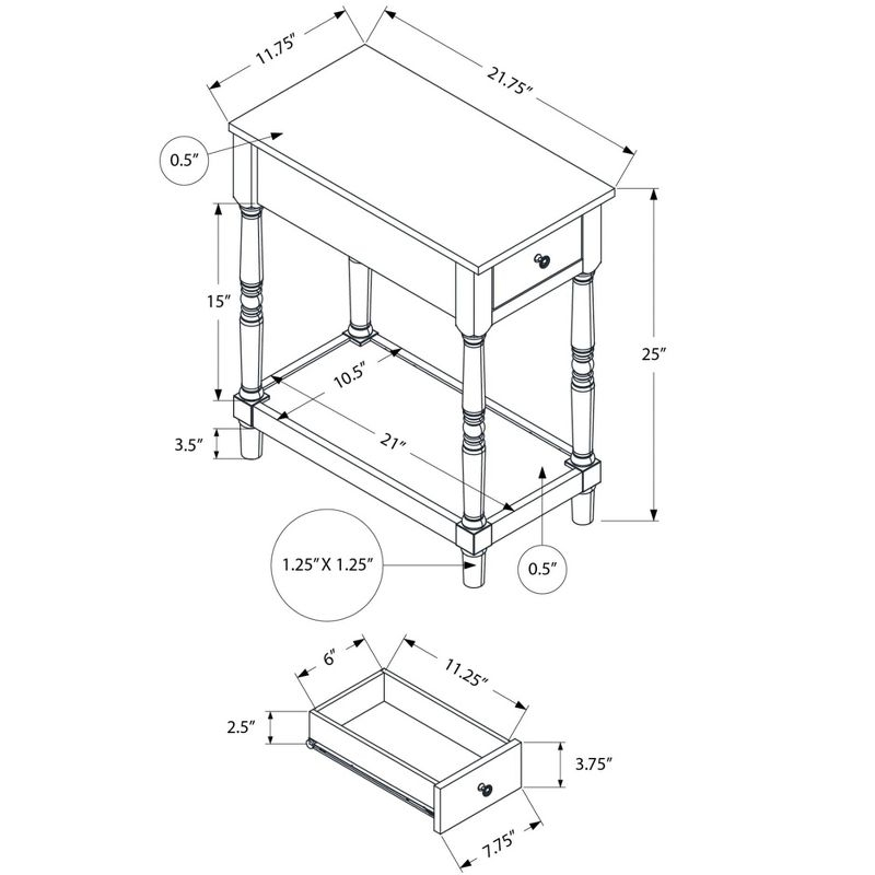 Monarch Specialties Accent Table 2 Tier End Side Table Nightstand Bedroom Narrow Lamp Storage Drawer Brown Veneer Antique White Veneer Traditional