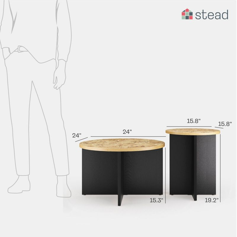 Stead Black and Burl Wood Coffee Table - Black and Wood Coffee Table - Round Nesting - 2 Piece Coffee Table Set