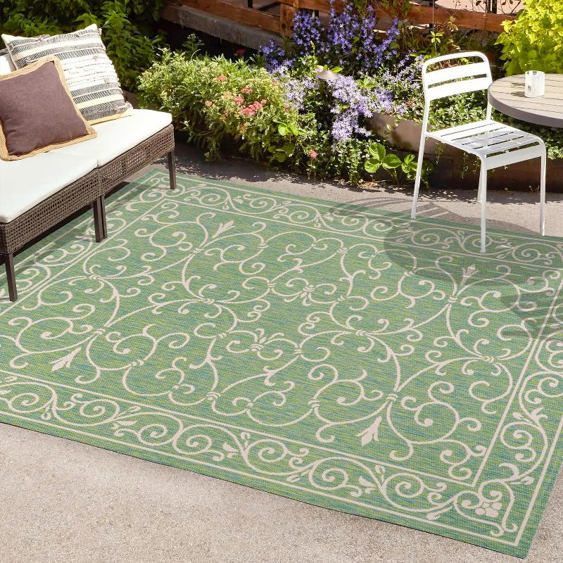 8' x 10' Charleston Vintage Filigree Textured Weave Indoor/Outdoor Area Rug, Green/Ivory - JONATHAN Y