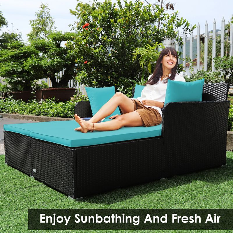 Costway Outdoor Patio Rattan Daybed Pillows Cushioned Sofa Furniture Turquoise