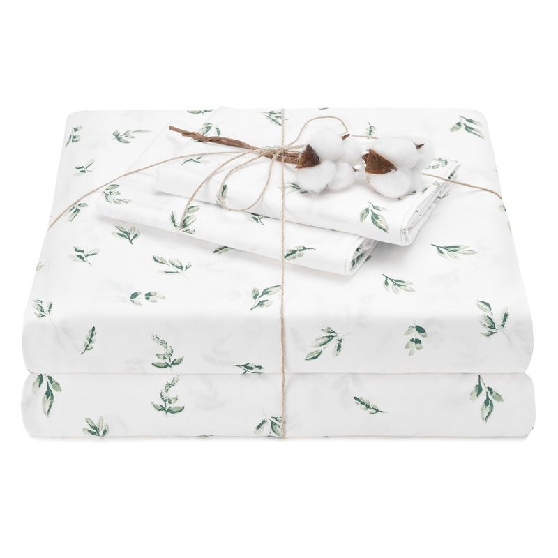 Elegant Cotton 100% Organic Cotton Printed Sheet Set - 4-Piece Set - Green Leaves, King Size