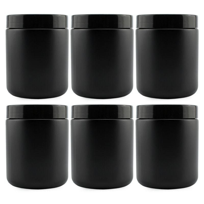 Cornucopia Brands 8oz /9oz Black Matte Coated Glass Cosmetic Jars (6pk) w/ Black Plastic Lids; Straight Sided for Body Butter, Creams, Scrubs