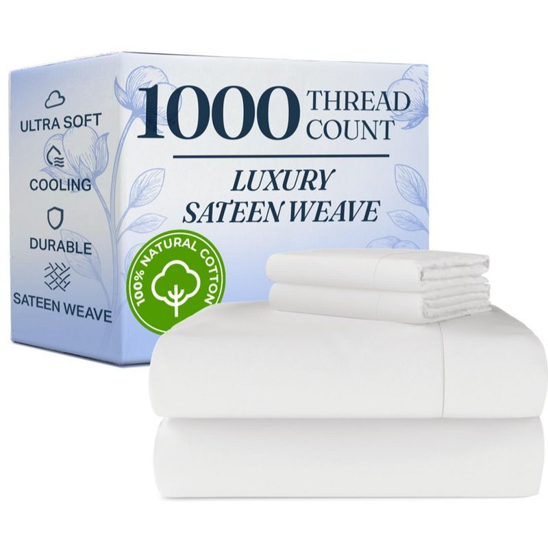 CGK Linens Luxury 1000 Thread Count 4 Piece Sheet Set - Soft & Premium 100% Cotton Sateen in White, Size Queen