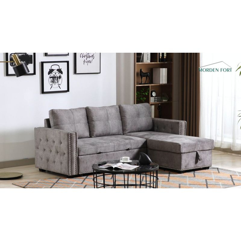 Velvet Sleeper Sofa Sectional Couch with Put Out Bed and Reversible Storage Chaise Beige - Morden Fort