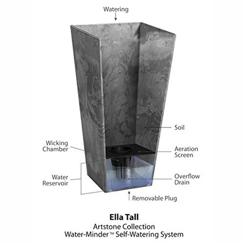 Novelty Ella Artstone Tall Square Plastic Resin Planter with Water Minder System, Black 27.5"