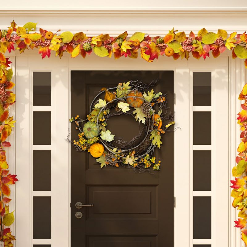 Faux 24" Oak Leak Wreath W/ Pumpkins - Multicolored - Safavieh