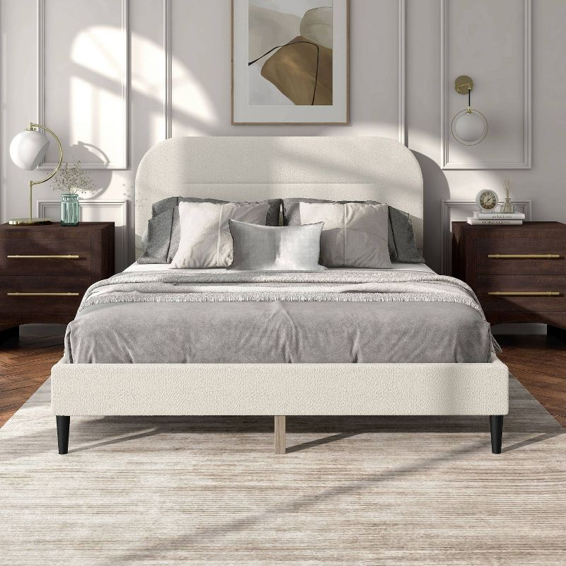 24/7 Shop At Home Queen Heartwild Modern Boucle Upholstered Rounded Platform Bed White: Padded Headboard, No Box Spring Required
