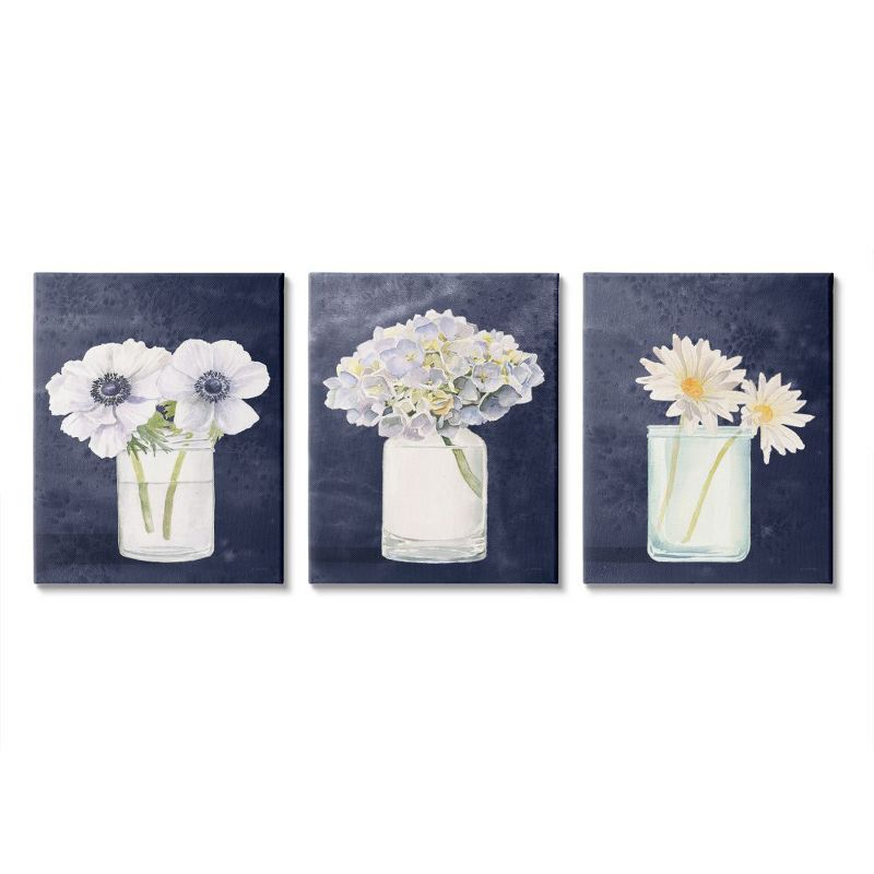 Stupell Industries Farmhouse Flower Bouquets Navy Blue White Painting Gallery Wrapped Canvas Wall Art 3pc Set, 24 x 30