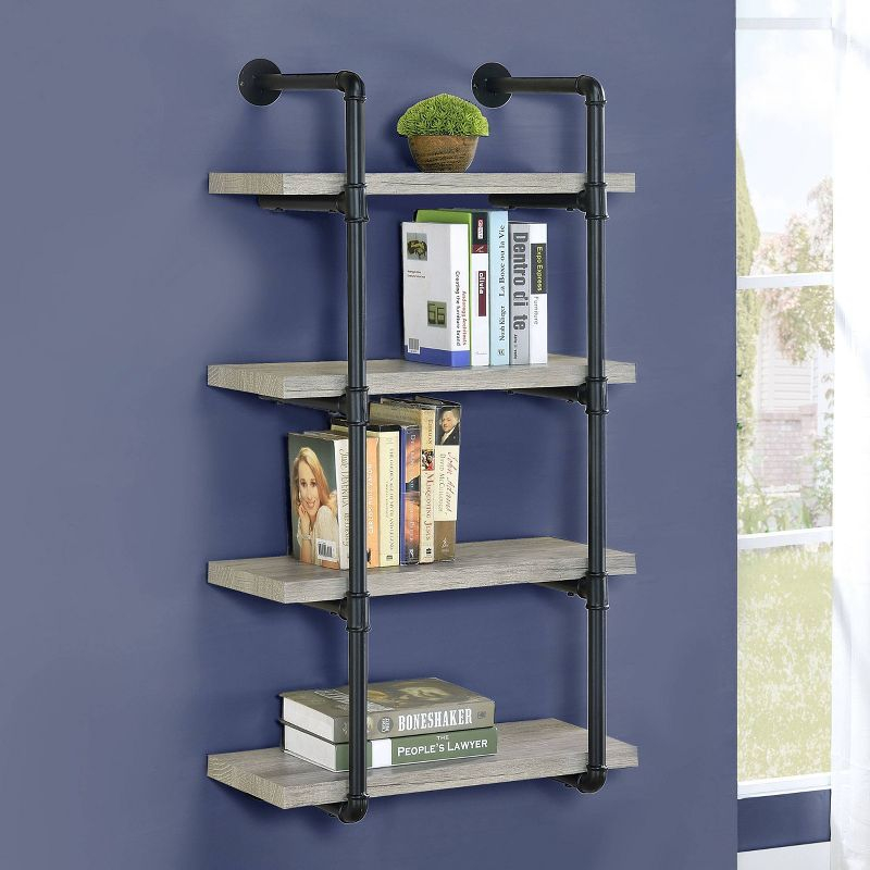 24" Elmcrest 4 Shelf Wall Bookcase with Black Frame Gray Driftwood - Coaster: Industrial Style, Laminated Steel & MDF