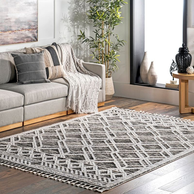 Nuloom 8x11 Ansley Moroccan Tassel Indoor Area Rug, Grey, High-Low Textured Bohemian Design, Plush High Pile, Stain Resistant, Bedroom, Living Room