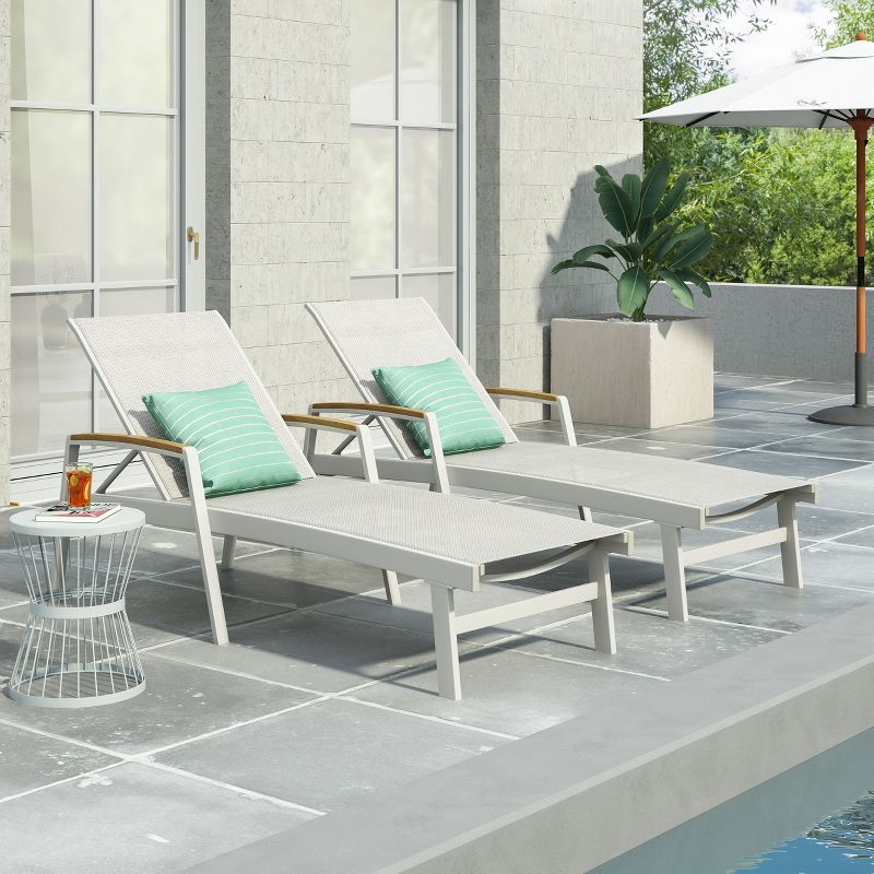 GDFStudio Joy Outdoor Aluminum Adjustable Chaise Lounge with Mesh Seating (Set of 2), White