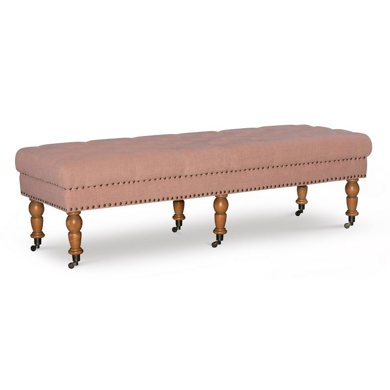 62" Isabelle Traditional Linen Tufted Upholstered Nailhead Wheeled Bench Pink - Linon: Elegant Ottoman, Bedroom Furniture