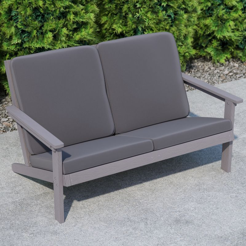 Flash Furniture Charlestown All-Weather Poly Resin Wood Adirondack Style Deep Seat Patio Loveseat with Cushions, Gray/Gray
