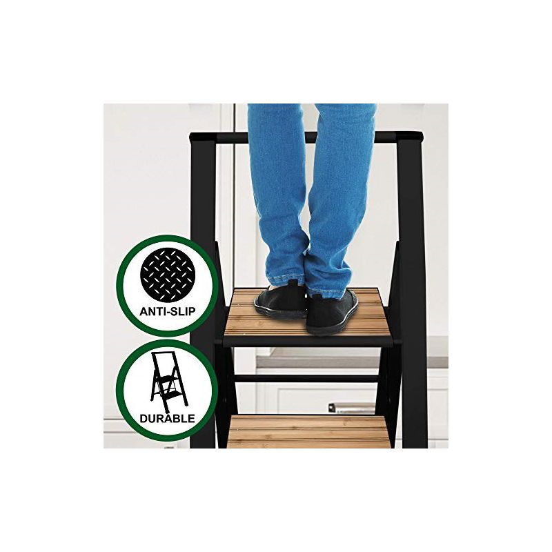 Step Ladder 4 Step Modern  - Beautiful Bamboo & Black Aluminum  - By SORFEY
