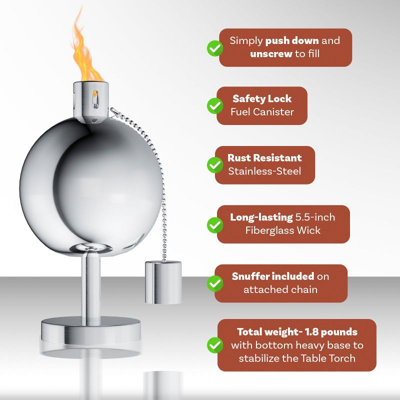 10-Inch Stainless-Steel Tabletop Torch Lamp with Fiberglass Wick - for Deck and Patio Decor by Nature Spring (Silver)