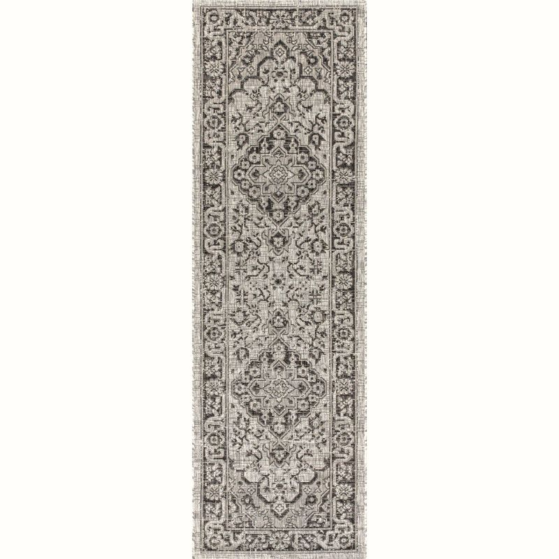 2'x8' Rozetta Boho Medallion Textured Weave Indoor/Outdoor Runner Rug, Gray/Black - JONATHAN Y