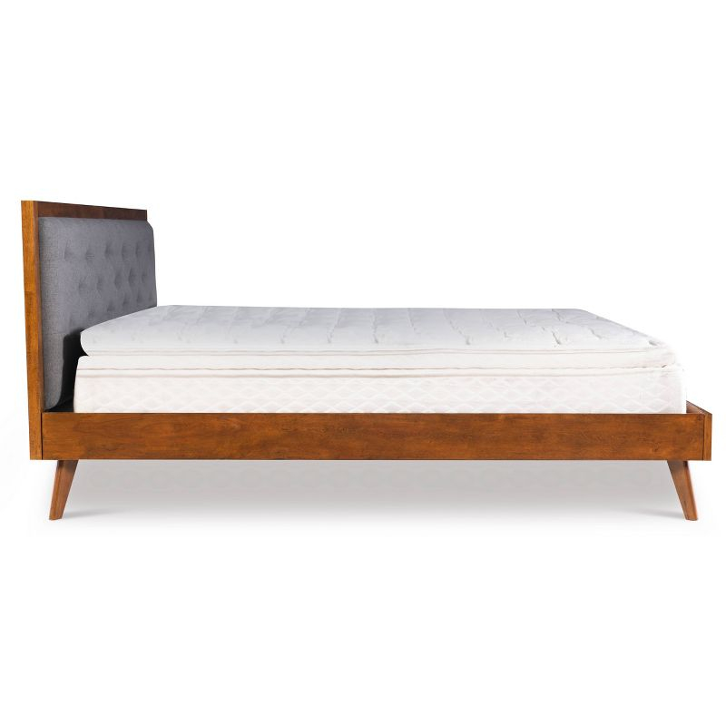 King Reid Mid-Century Platform Bed in Walnut Finish with Tufted Headboard in Gray Fabric - Linon: Upholstered Polyester, No Box Spring Needed