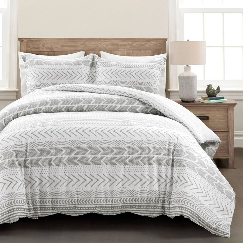 3pc King Hygge Geo Duvet & Sham Set Gray/White - Lush Décor: Cotton, Reversible, Inner Ties, 460 Thread Count