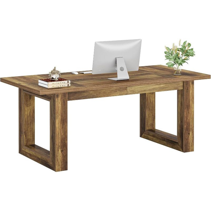 Tribesigns 63-Inch Executive Computer Desk, Industrial Writing Table with Solid Wooden Base for Home Office, Brown