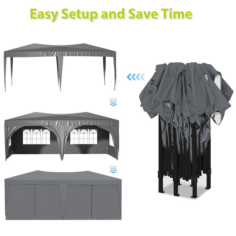10x20in Pop Up Canopy, Canopy Tent With 6 Removable Sidewalls & Sand Bags & Pull Ropes, 12 Ground Stakes, Carry Bag, Gray