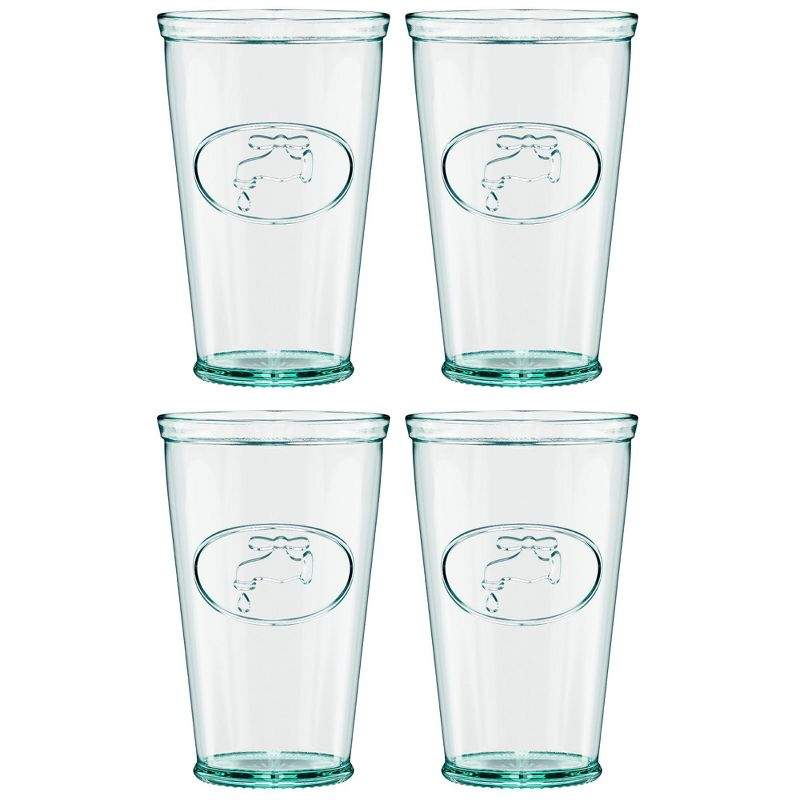 Amici Home Italian Recycled Green Water Tap Hiball Glass, Drinking Glassware with Green Tint, Embossed Water Faucet Icon, Set of 4,16-Ounce