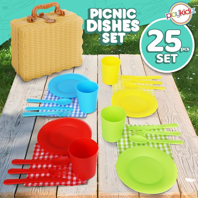Playkidiz 25 Piece Kids Picnic Basket Toy Dishes