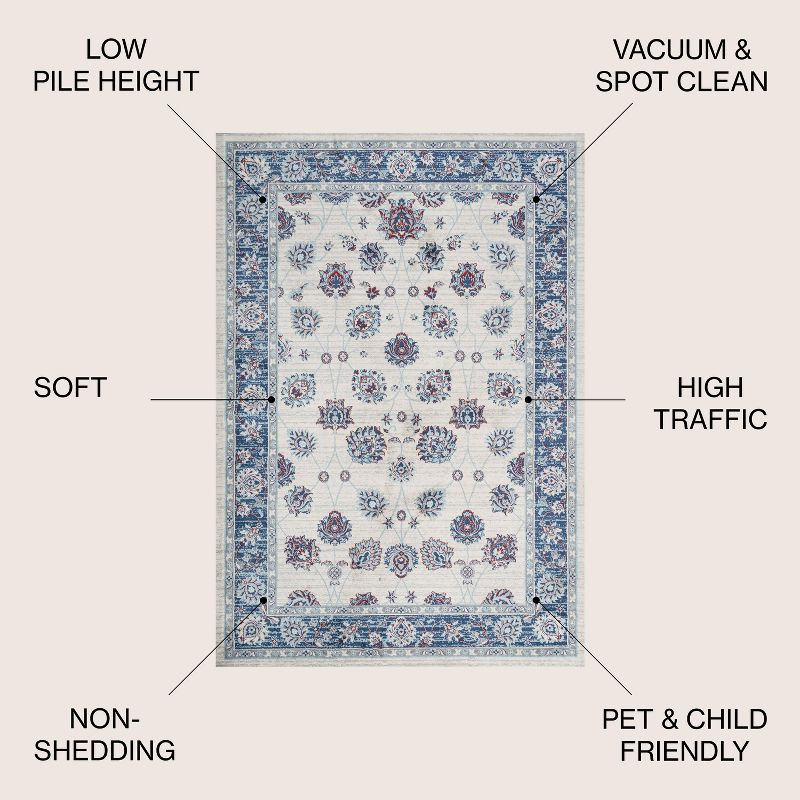 5' Round Modern Persian Vintage Moroccan Traditional Area Rug, Blue/Ivory/Red - JONATHAN Y