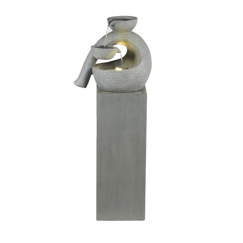 LuxenHome Gray Resin Modern Sculpture Pedestal Outdoor Fountain with Lights