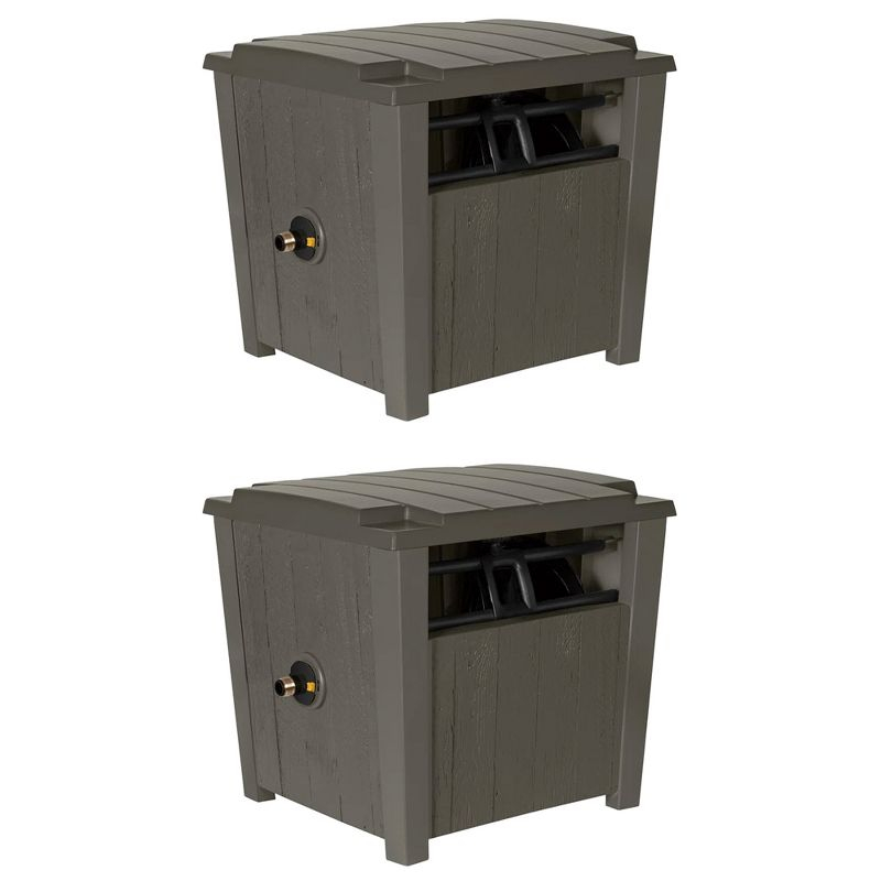 Suncast Farmington Smart Tube Weatherproof Outdoor Hideaway Standard Garden Hose Storage Pot Container with Brass Connections, Stoney (2 Pack)
