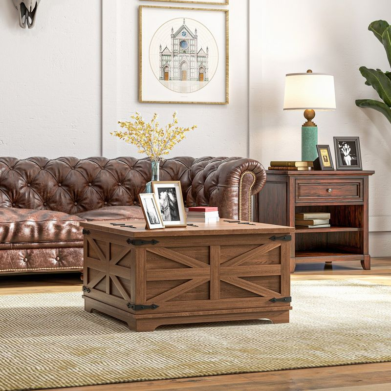 HOMCOM Farmhouse Coffee Table with Flip Top, Hidden Storage Compartment, Square Center Table for Living Room, Distressed Brown