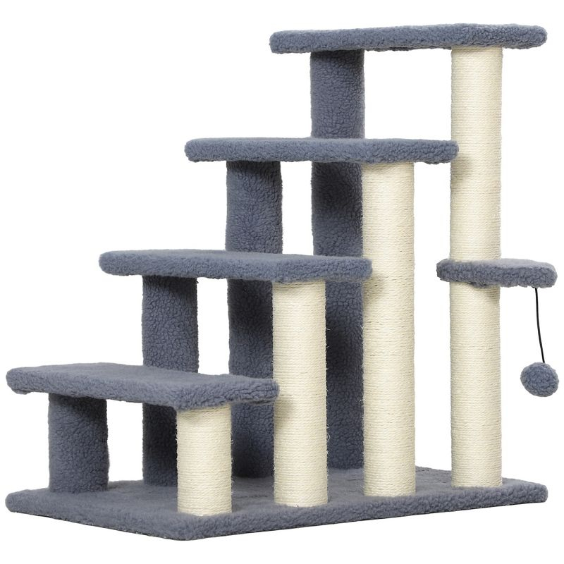 PawHut 4 Levels Cat Steps, Pet Stairs Carpeted Ladder, Kitten Tree Climber with Scratching Posts, Hanging Play Ball, Side Step, Gray