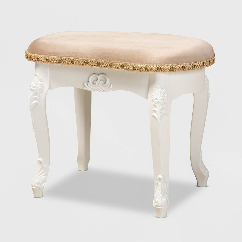 Gabrielle Velvet Fabric Upholstered Wood Vanity Ottoman Sand/White/Gold - Baxton Studio: French-Inspired, Brass Nailhead Detail, Cabriole Legs