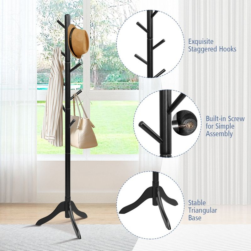 Costway Wooden Coat Rack Stand Entryway Hall Tree 2 Adjustable Height with 8 Hooks Black