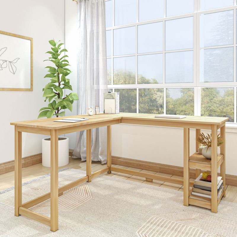 Plank+Beam Solid Wood Corner Desk for Home Office, Gaming, Computer with Storage Shelves, Natural