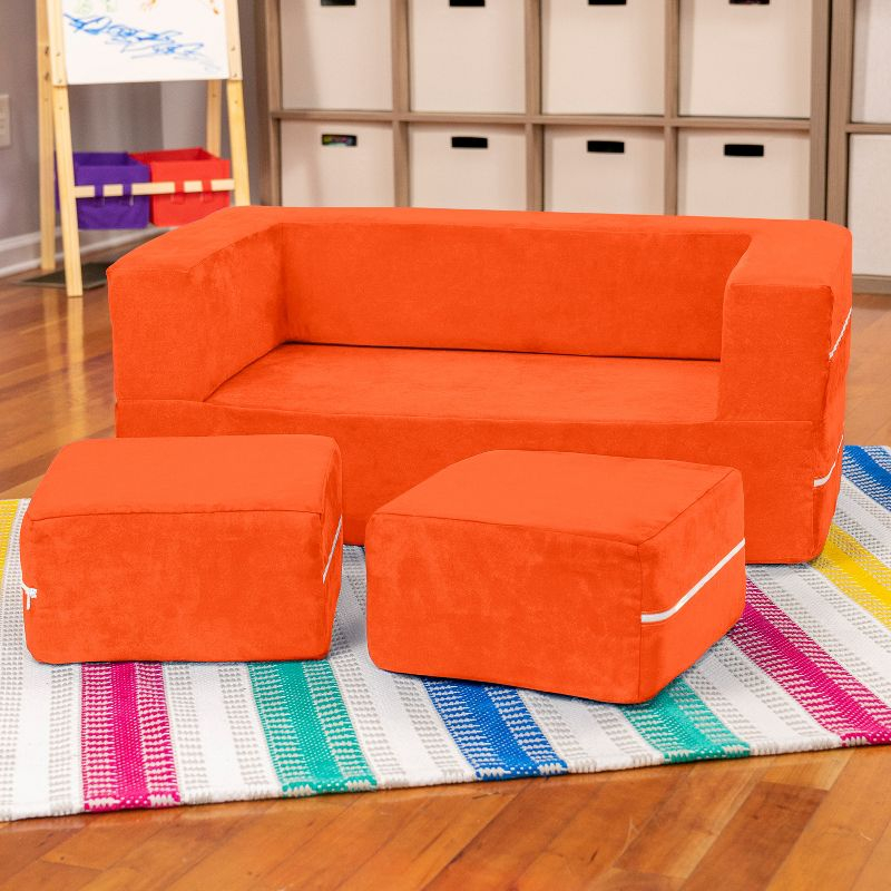 Jaxx Zipline Kids Modular Loveseat & Ottomans/Fold Out Lounger, Mandarin
