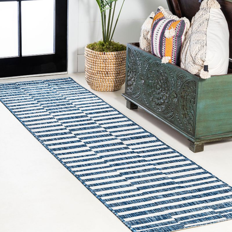 2'x8' Sukie Modern Offset Stripe Indoor/Outdoor Runner Rug, Blue/Ivory - JONATHAN Y