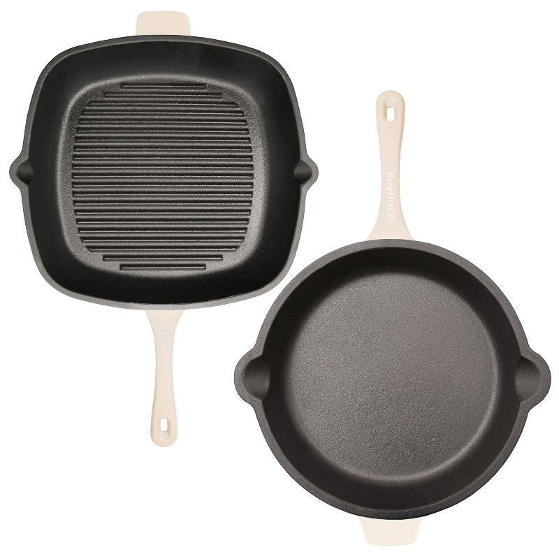 BergHOFF Neo Cast Iron 4Pc Set, Fry Pan 10", Square Grill Pan 11", & 5qt. Covered Dutch Oven, Meringue