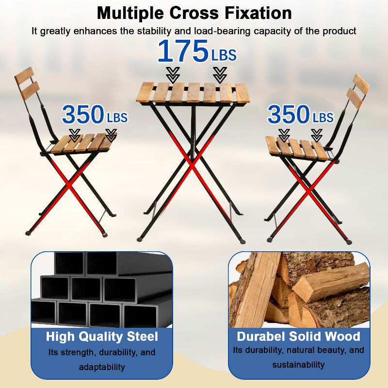 BestMassage 3 Piece Bistro Set Folding Chairs Table with Weather-Resistant Wood, Natural