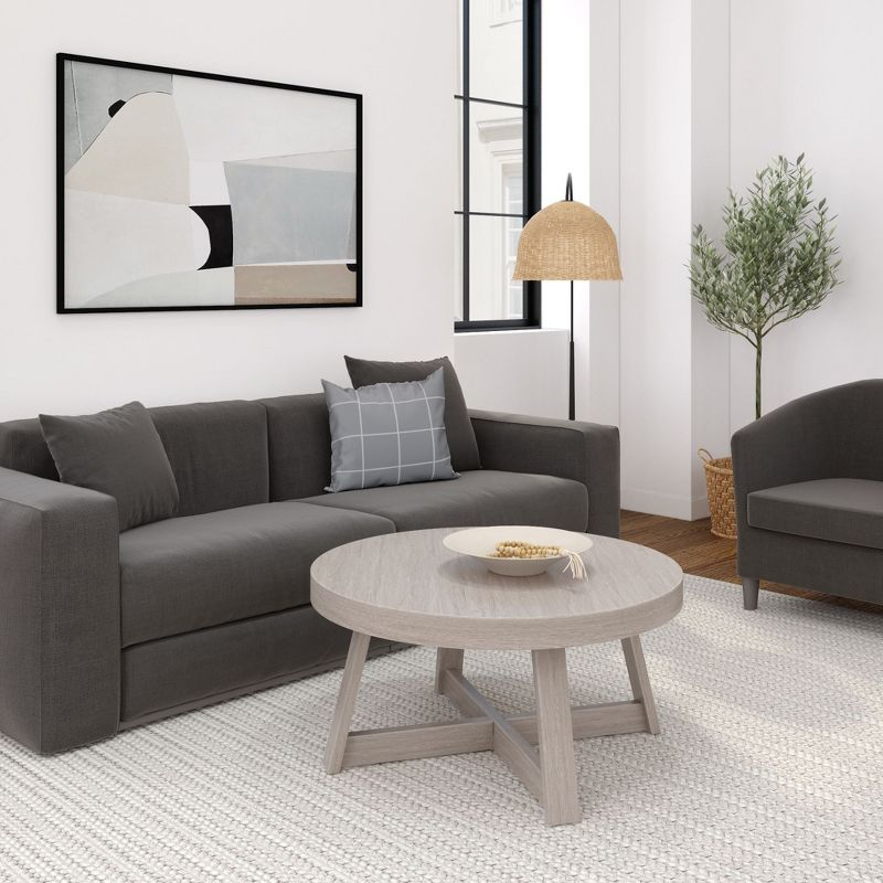 Plank+Beam Solid Wood Classic Round Coffee Table, 36" Farmhouse Coffee Table, Seashell Wirebrush