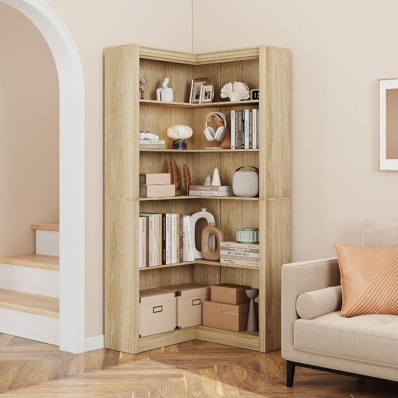 71.8" Gray Farmhouse Bookcase, L-Shaped Corner Bookshelf with 5-Tier Storage, Heavy Duty Shelf for Living Spaces