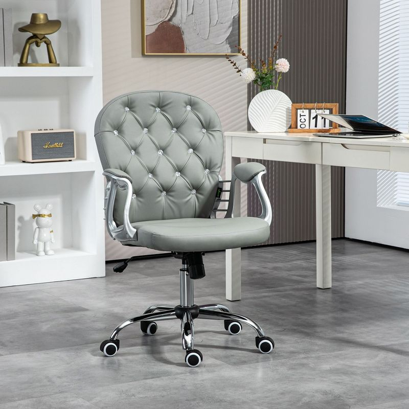 Vinsetto Vanity PU Leather Mid Back Office Chair Swivel Tufted Backrest Task Chair with Padded Armrests, Adjustable Height, Rolling Wheels, Gray