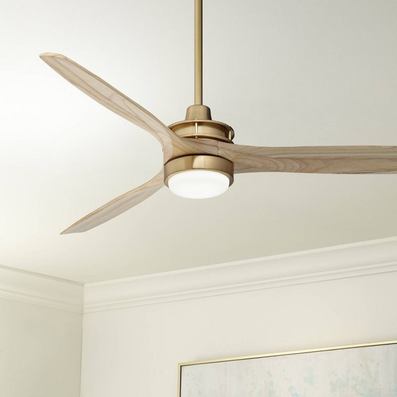 Casa Vieja 52" Windspun Modern Indoor Ceiling Fan 3 Blade LED Light Remote Control Soft Brass Finish Natural Wood Blades Bedroom Living Room Kitchen