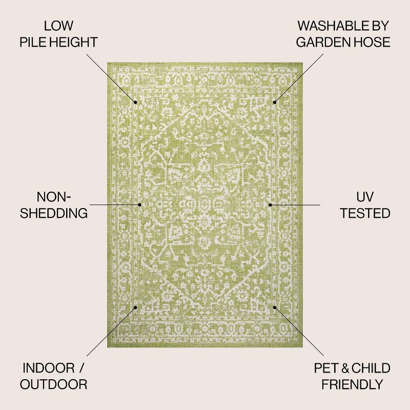 8' x 10' Malta Bohemian Styled Medallion Textured Weave Indoor/Outdoor Area Rug, Green/Cream - JONATHAN Y